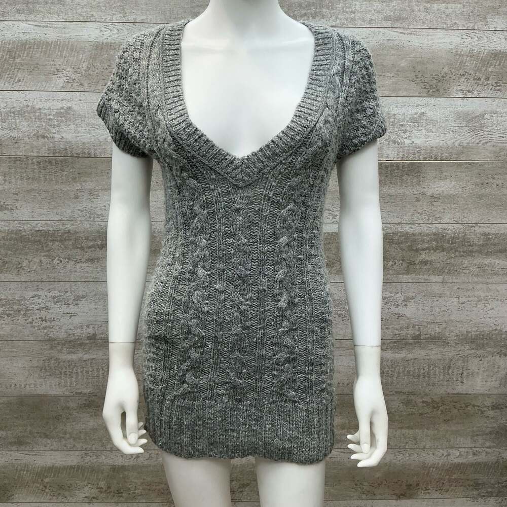 Abercrombie & Fitch Gray Cable Knit Short Sleeve V-Neck Sweater Mini Dress Small